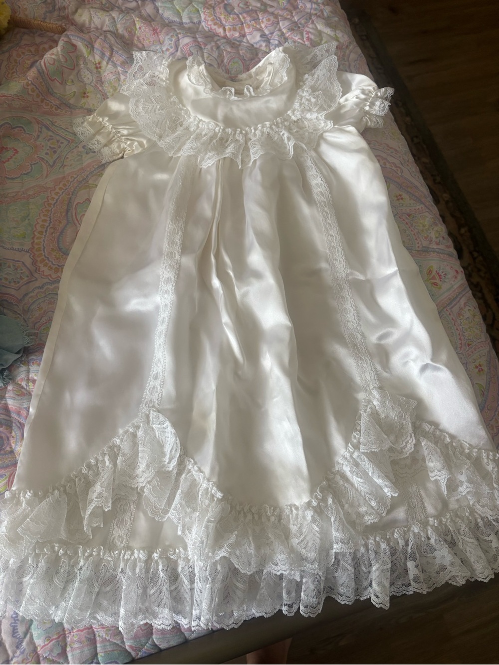 Madonna White Satin Lace Ruffle A-Line Long Christening Dress 6-9M G7192-B